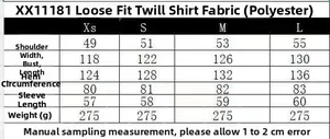 Size chart table with measurements for loose striped long sleeve poplin shirt for women