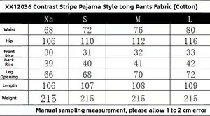 Size chart for women striped poplin pajama pants showing waist and hip measurements