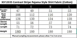 Size chart table for loose striped loungewear set with detailed dimensions in centimeters