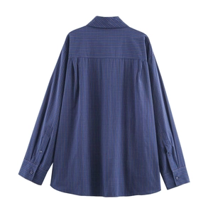 Classic loose fit long sleeve dark blue vertical striped shirt for women with back pleat