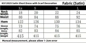 Tableau des tailles détaillé pour robe courte en satin avec écharpe, de XS à L
