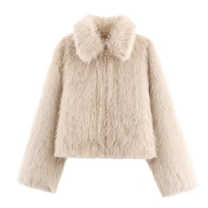 Women Fashion Elegant Faux Fur Coat Winter Warm Fluffy Jacket With Zipper Lapel Beige Solid Color Outwear For Lady