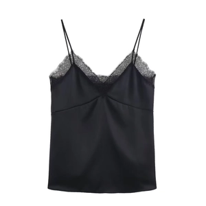 Elegant black satin camisole with delicate lace trim and thin straps on white background