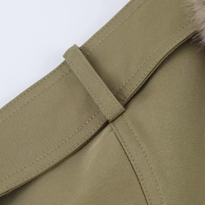 Detail of army green jacket fabric with durable belt loop and faux fur collar texture