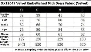 Detailed size chart for the elegant V-neck velvet midi dress including XS to L measurements