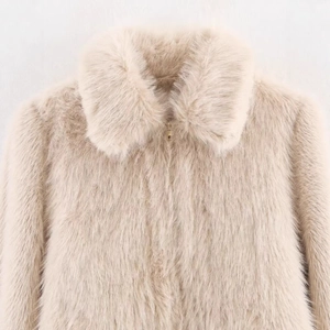 Women winter short faux fur jacket in beige with stand collar and gold metal zipper
