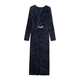 Elegant Women Velvet Deep V-Neck Long Sleeve Maxi Dress Gold Metal Buckle Bodycon Party Evening Slim Fit Gown