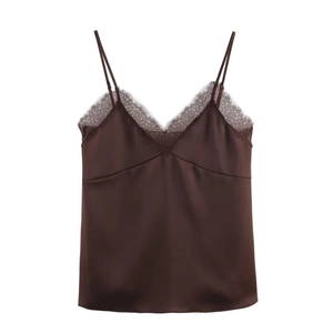 Detail of dark chocolate satin camisole with eyelash lace neckline and thin straps