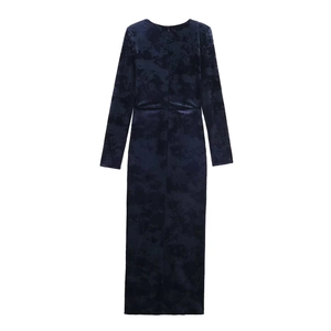 Elegant deep blue long-sleeve velvet maxi dress with a slim fit and round neckline