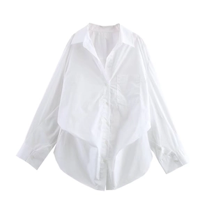 Classic loose fit white long sleeve button-up shirt with collar and chest pocket