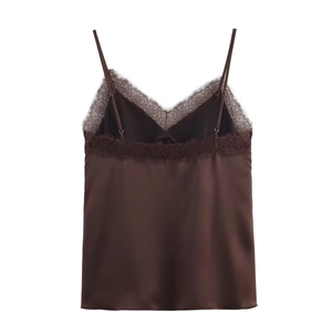 Detail of silk satin camisole with brown eyelash lace trim and fine shoulder straps