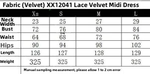 Detailed size chart for velvet lace midi dress with bust, waist and hip measurements