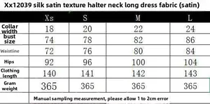 Tableau des tailles pour robe maxi en satin avec mesures détaillées de XS à L