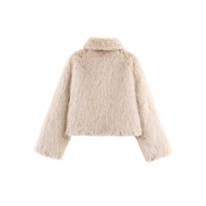 Chic beige faux fox fur short coat with an oversized collar and fluffy texture