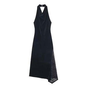 Elegant Women Velvet Halter Neck Midi Dress With Lace Splicing Backless Asymmetric Hem Solid Color Banquet Party Dress