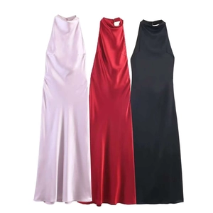 Robe Longue Maxi en Satin Élégante pour Femmes Dos Nu Coupe Ajustée Sans Manches Soirée Fête Banquet