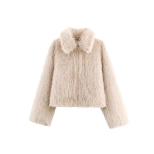 Short faux fur coat in beige with large collar and metal zipper on white background