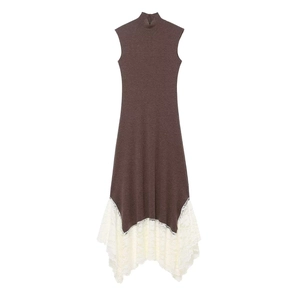 Sleeveless Maxi Dress Knitted Fabric Patchwork Mock Neck Elegant Lace Hem Coffee White Chic Long Skirt For Women