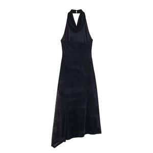 Elegant black halter velvet dress with asymmetrical lace hem and backless design