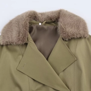 Close-up of olive green jacket featuring a plush brown faux fur collar and satin lining