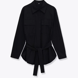 Damen Langarm Utility Hemdjacke Mit Gürtel Einfarbig Mittellange Bluse Mit Brusttaschen Herbst Mode Oberbekleidung