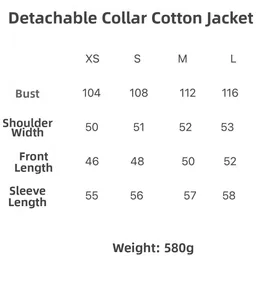 Detailed size chart for slim winter coat with removable fur collar from XS to L