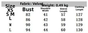 Detailed size chart for the beaded velvet midi dress showing measurements in centimeters