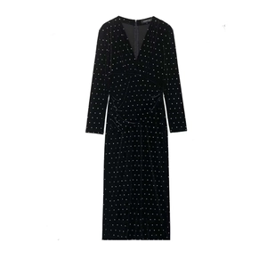 Elegant Black Velvet Long Sleeve Maxi Dress For Women Slim Fit Deep V Neck Rhinestone Beaded Ruched Evening Party Dress