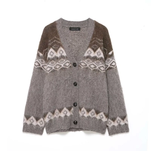 Cardigan da Donna Retro Fair Isle con Jacquard Geometrico Maglione in Maglia Scollo a V Monopetto Manica Lunga Autunno Inverno