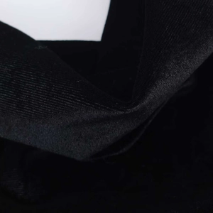 Close-up detail of black velvet fabric texture showing fine vertical ribbed pattern and weave