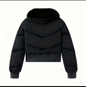 Detailed back view of short black padded jacket featuring V-shaped quilting and faux fur collar