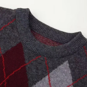 Women's autumn argyle knit sweater with vintage grey and burgundy diamond pattern