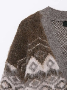 Dettaglio del cardigan Fair Isle con scollo a V mostra la trama soffice e i motivi etnici