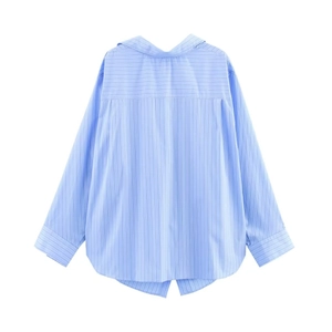 Back view of light blue striped long sleeve shirt with classic collar and pleated yoke detail