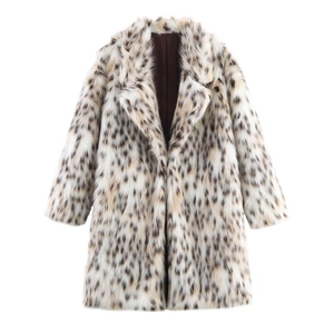 Women's Fashion Faux Fur Coat Leopard Print Long Sleeve Lapel Plush Jacket Autumn Winter Warm Mid-Long Overcoat Elegant Outerwear