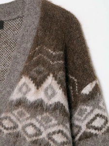 Dettaglio macro del morbido tessuto misto mohair e motivo Fair Isle sul cardigan con scollo a V