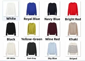 Grid view showing twelve available colors and striped patterns for slim knit sweaters