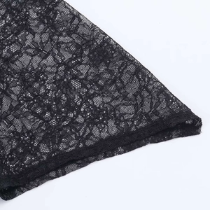 Close-up of black lace texture with intricate floral patterns and scalloped hem details