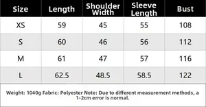 Detailed size chart for the women's fashion jacket with measurements and fabric info
