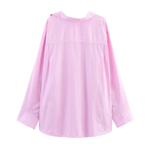 Detail showing back yoke and box pleat of pink striped long-sleeve cotton shirt
