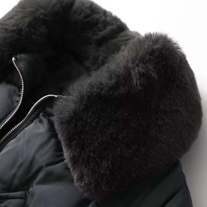 Close-up of fluffy black faux fur collar and silver zipper on matte winter jacket