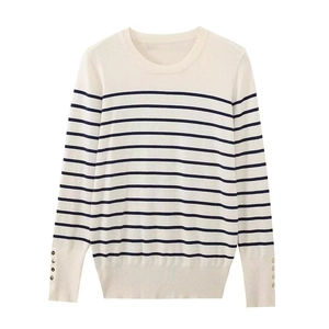 Women Elegant Round Neck Long Sleeve Knit Sweater With Decorative Button Cuff Soft Basic Slim Fit Pullover Knitwear Top