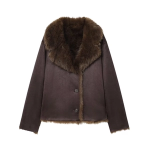 Women's dark brown faux suede shearling jacket with faux fur collar and button closure