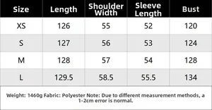 Size chart detail for long coat showing measurements for XS, S, M, L in polyester fabric