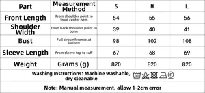Detailed size chart for winter puffer jacket showing S, M, L dimensions and wash care info