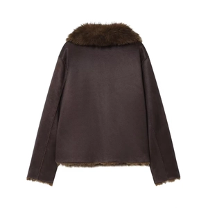 Deep brown faux shearling jacket for women featuring a stylish oversized fur collar