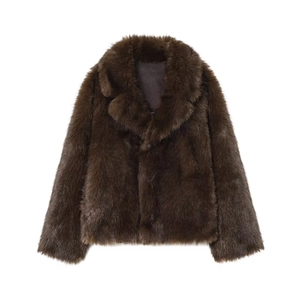 Chic dark brown faux fur jacket with wide lapels and soft plush texture for winter
