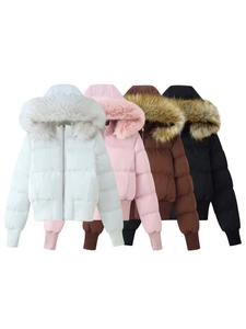 Winter puffer jackets for women with faux fur hoods in white pink brown and black colors