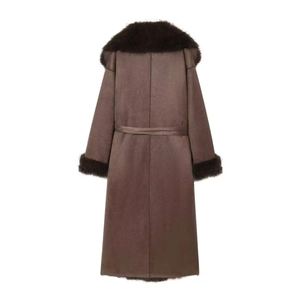 Women's long brown suede coat with thick faux fur collar and waist belt, back view