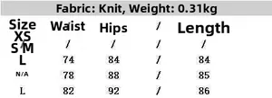 Size chart for knit high waist skirt detailing measurements for S M and L sizes